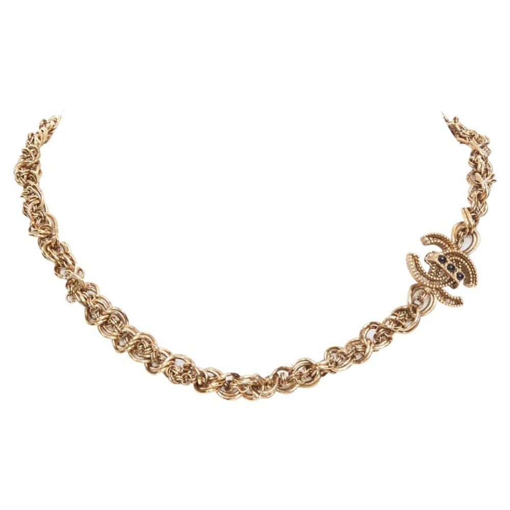 Chanel aged gold braided link black crystal CC short necklace